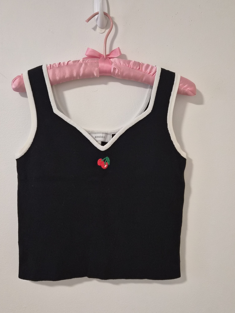 RIHOAS Black Tank Top with White Trim and Cherry Accent